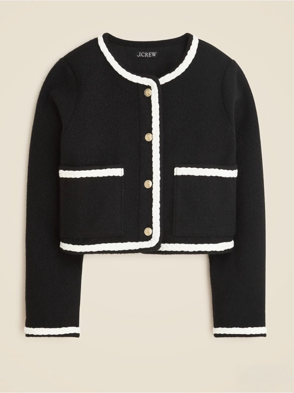 J. Crew Black Cropped Cardigan Jacket with White Braid Trim